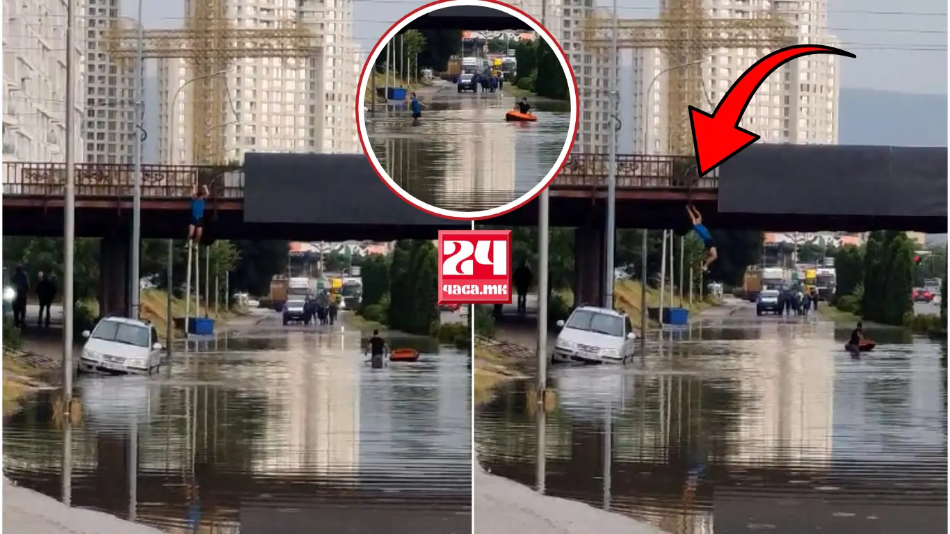 (ВИДЕО) СКОПСКИ БУЛЕВАР КАКО АКВА ПАРК: Момче скокна во водата кај подвозникот на булевар Србија