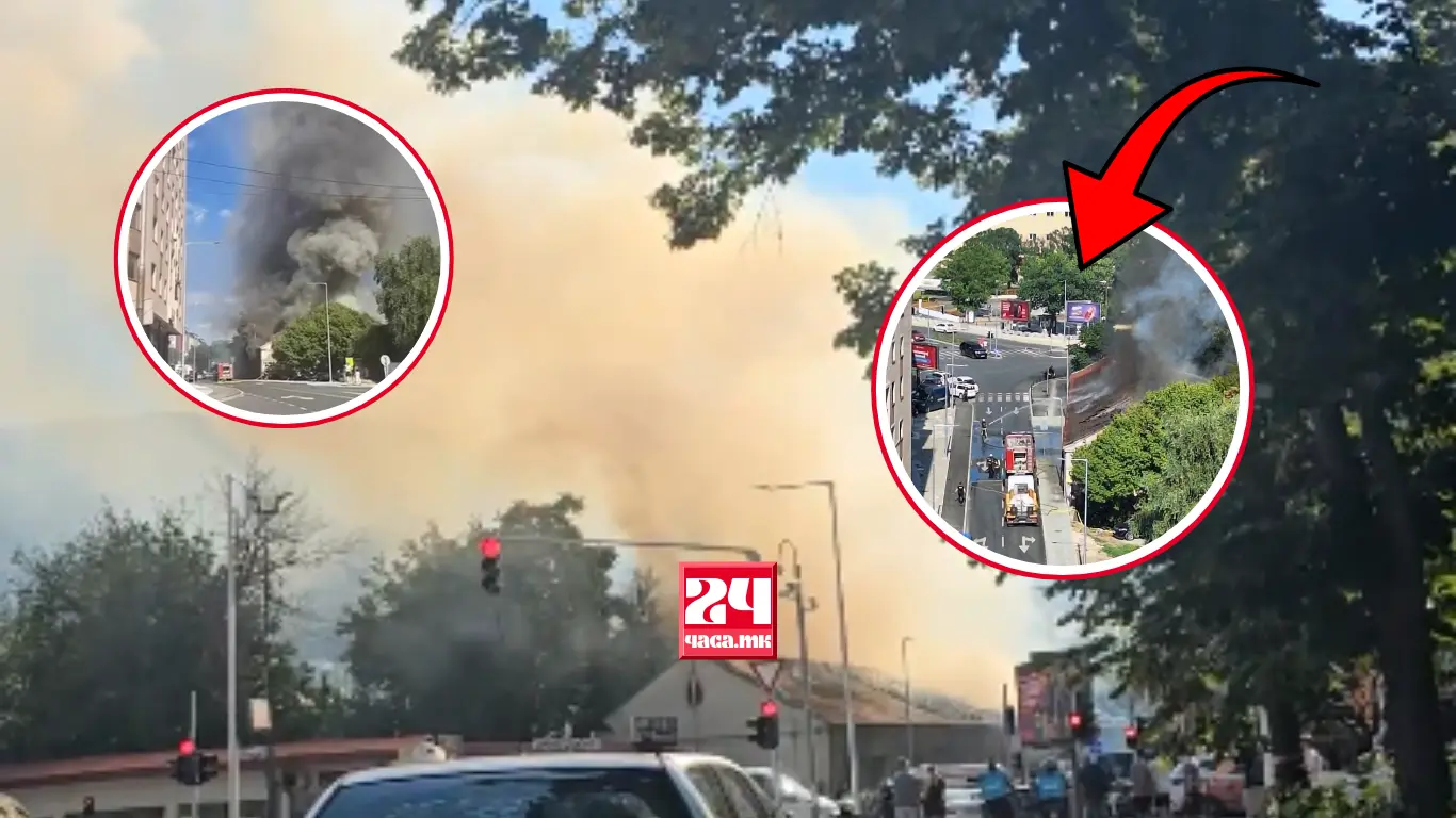 (ВИДЕО) ГОЛЕМ ПОЖАР НА ЈУЖЕН БУЛЕВАР КАЈ РАМПА: Гори барака, пожарникарите се борат со пламените јазици