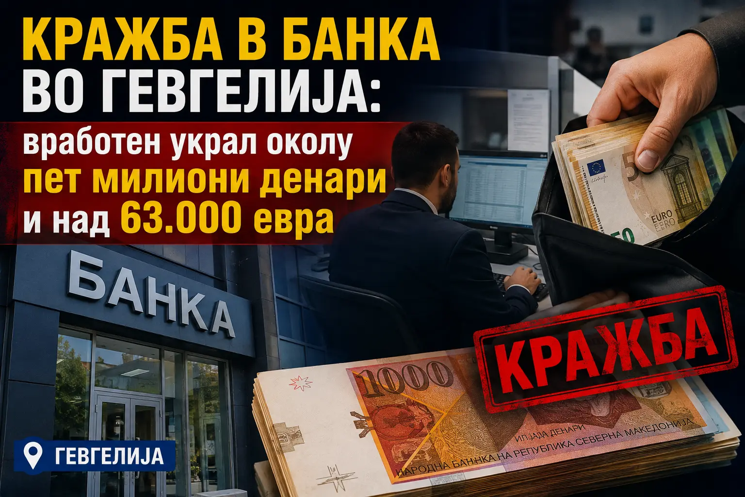 Вработен во банка украл околу пет милиони денари и над 63.000 евра
