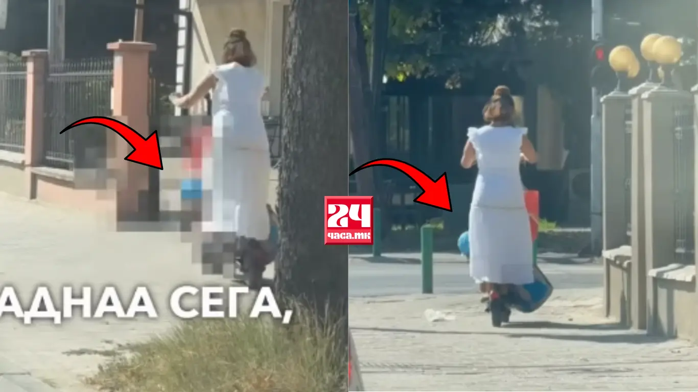 (ЕКСКЛУЗИВНО ВИДЕО) ШОКАНТНO: Жена го вози детето на тротинет без никаква заштита – паднале, па повторно го качила!